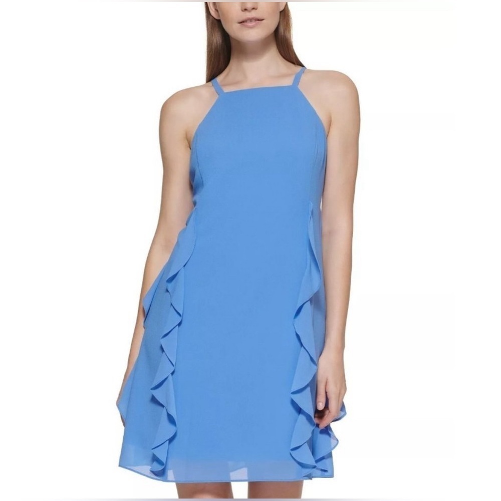 Vince Camuto Blue Halter Ruffle Sheath Dress Size 4 NWT VCOM1072 Cocktail Party